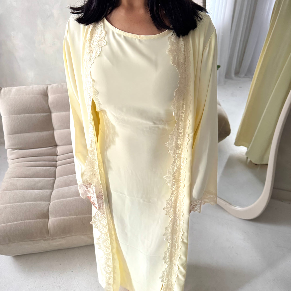 Amara Yellow Lace Detail Two Peice Co Ord Abaya Set