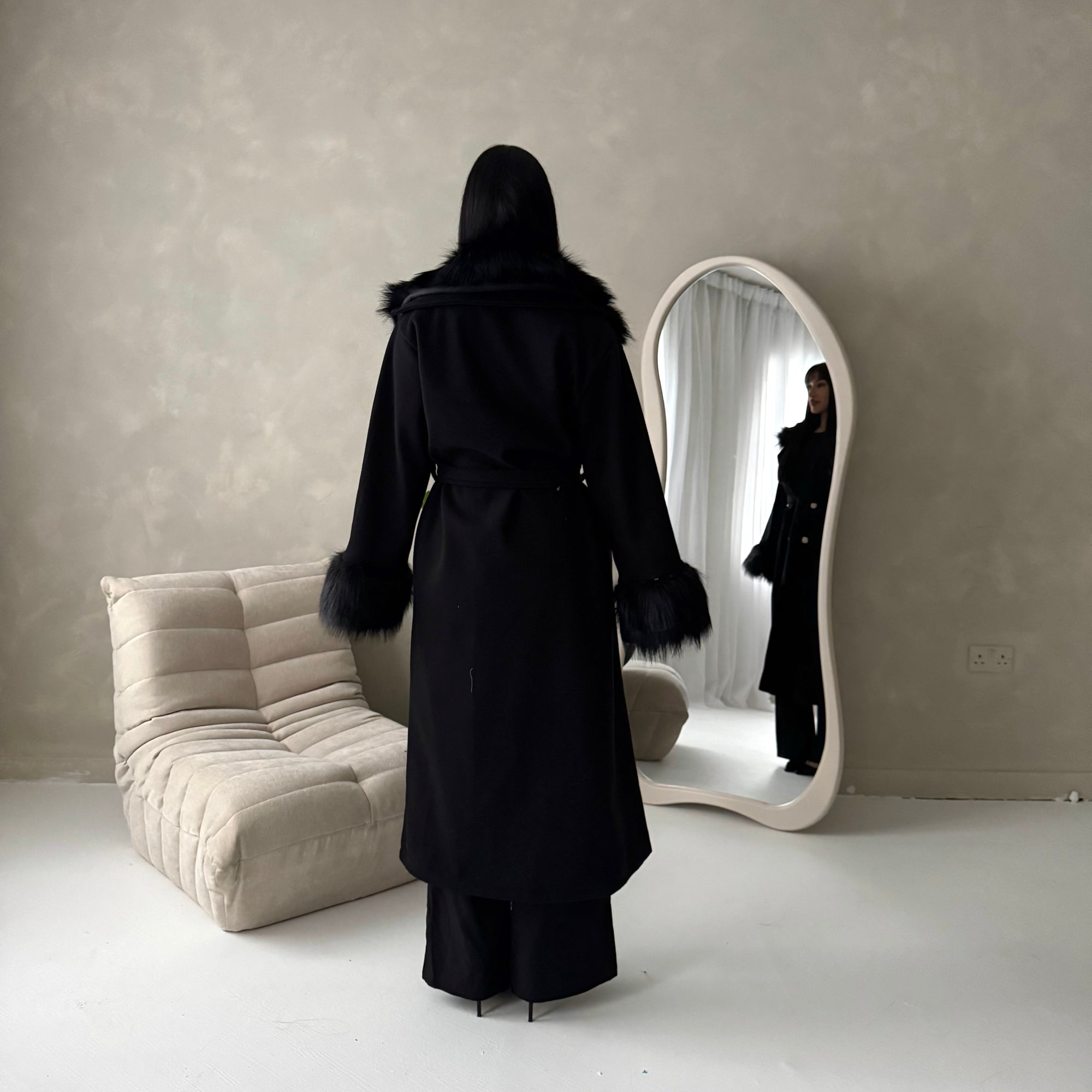 Tina Black Fur Collar Belted Buttoned Coat