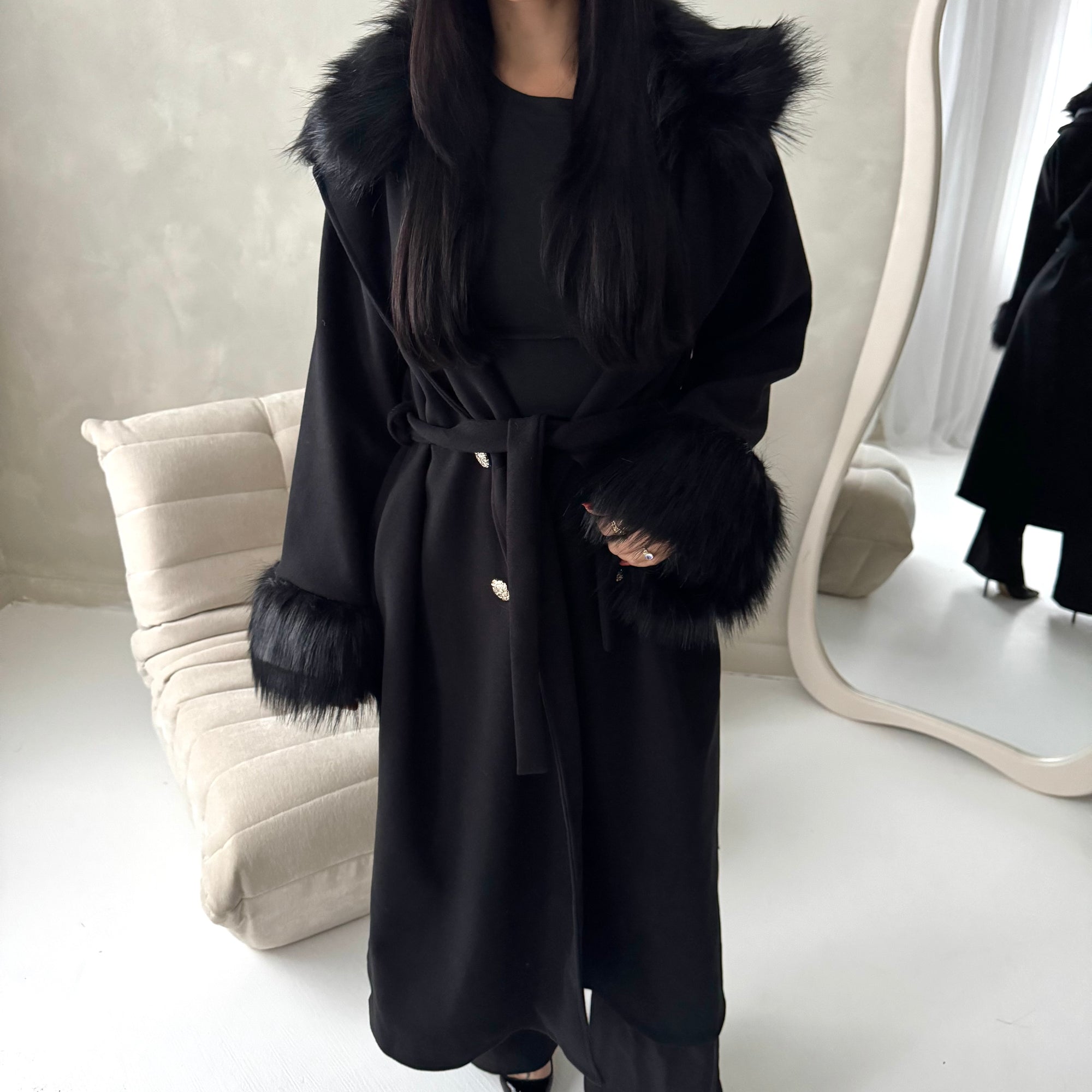 Tina Black Fur Collar Belted Buttoned Coat