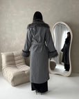 Tina Grey Fur Collar Belted Buttoned Coat