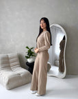 Coco Beige Buttoned Jacket & Wide Leg Trouser Set