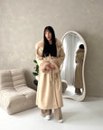 Tina Beige Fur Collar Belted Buttoned Coat