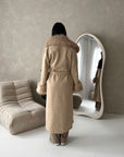 Tina Beige Fur Collar Belted Buttoned Coat