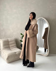 Tina Camel Fur Collar Belted Buttoned Coat