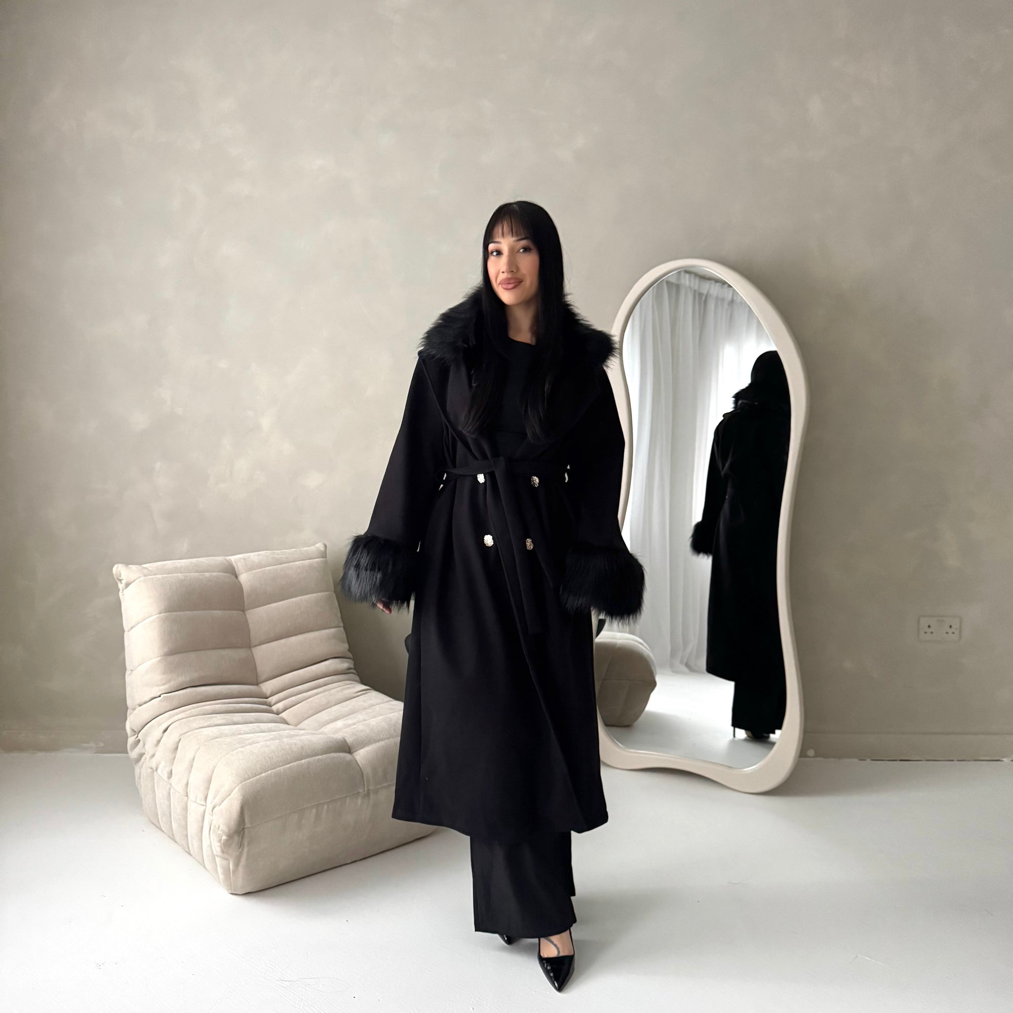 Tina Black Fur Collar Belted Buttoned Coat