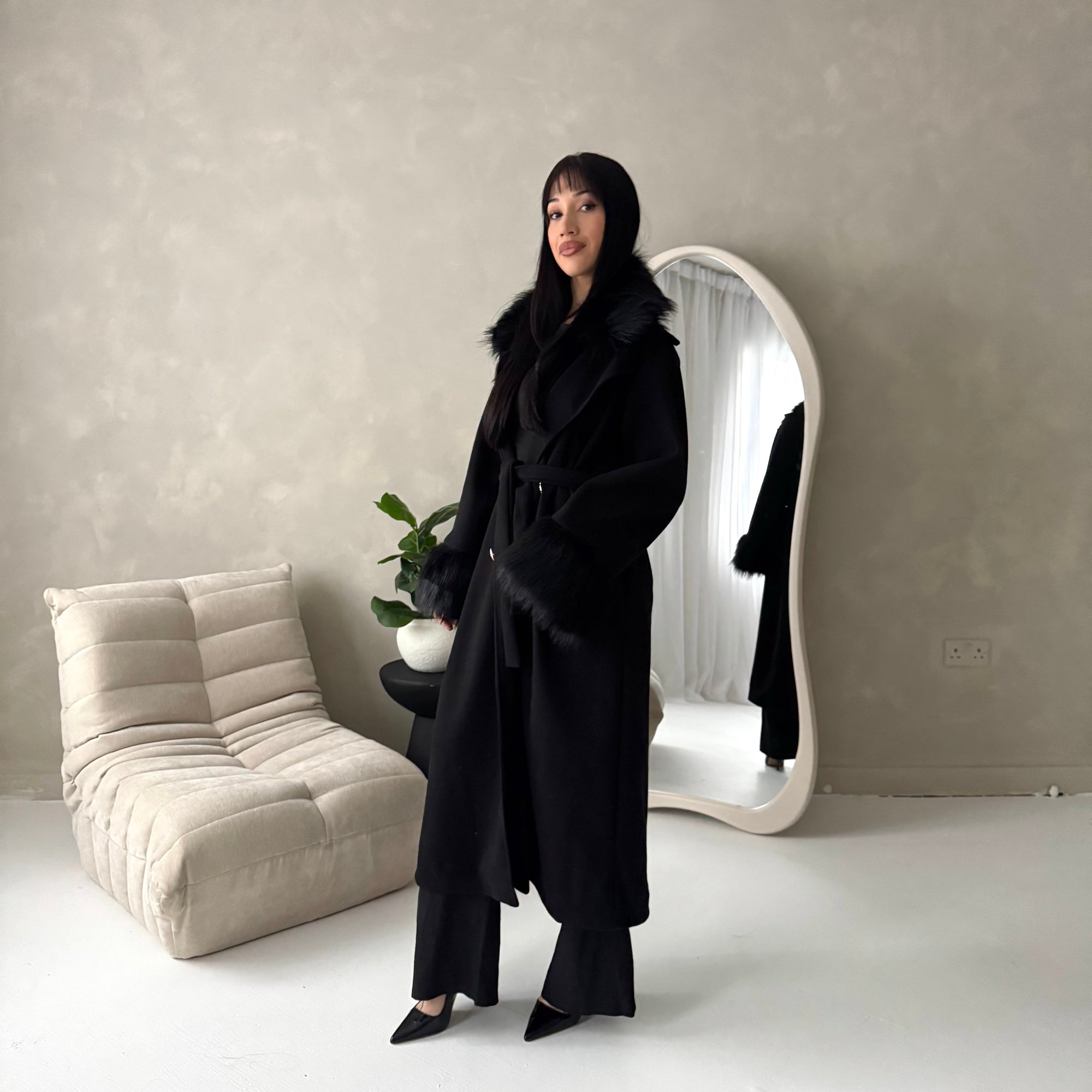 Tina Black Fur Collar Belted Buttoned Coat