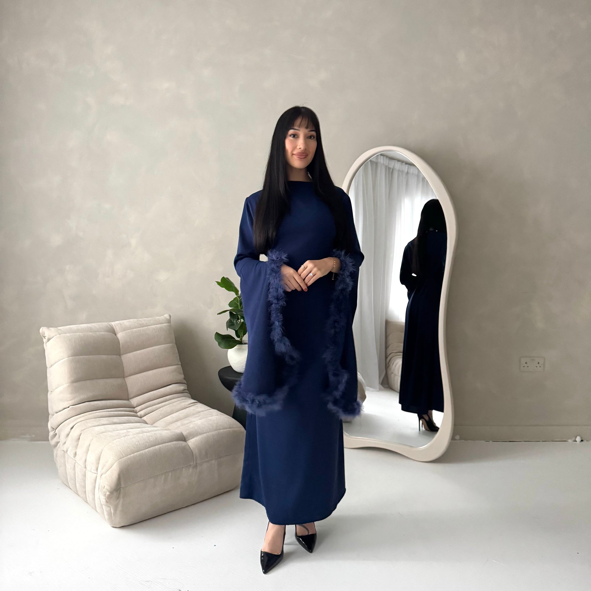 Sonya Navy Extreme Flare Fur Sleeve Tie Back Dress