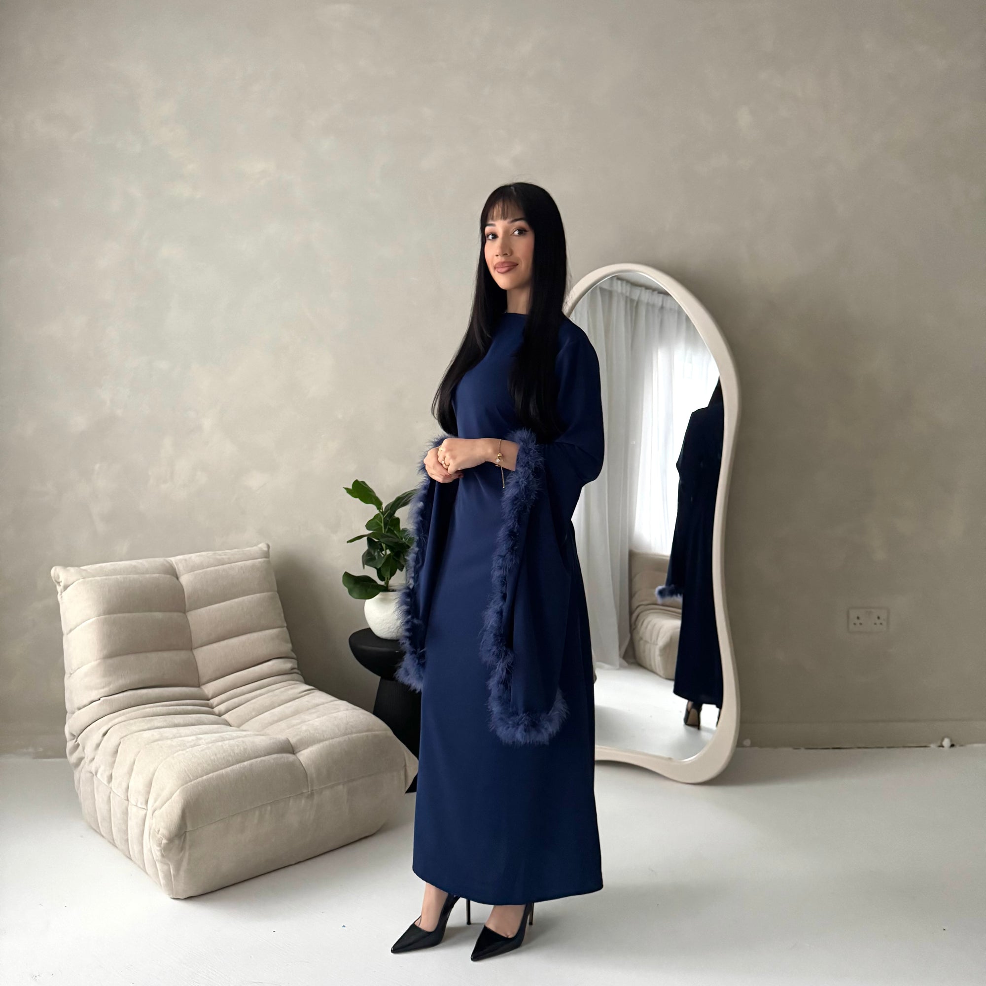 Sonya Navy Extreme Flare Fur Sleeve Tie Back Dress