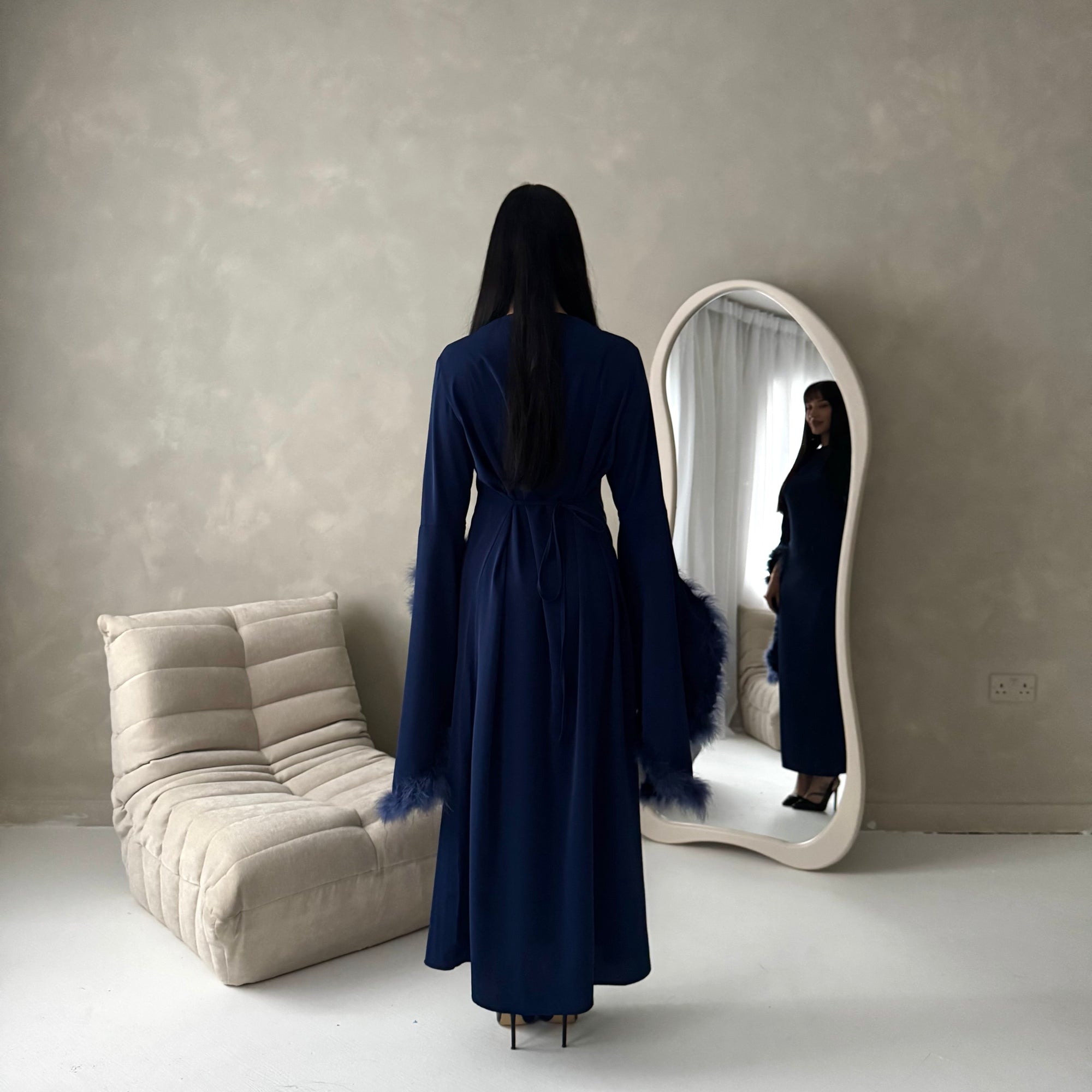 Sonya Navy Extreme Flare Fur Sleeve Tie Back Dress