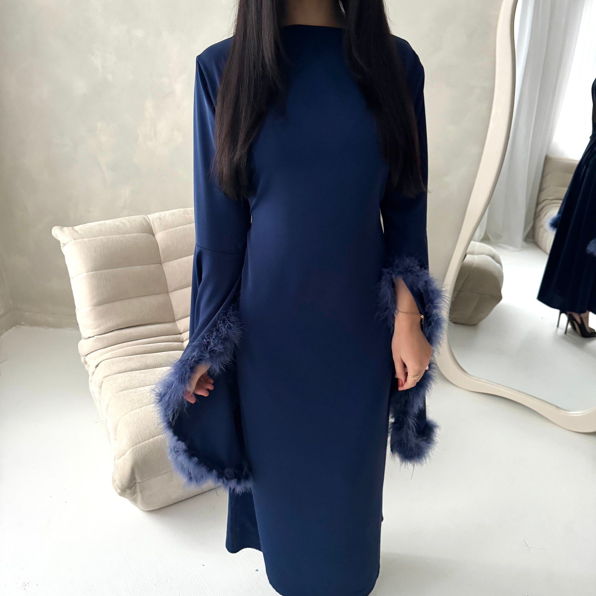 Sonya Navy Extreme Flare Fur Sleeve Tie Back Dress