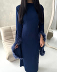 Sonya Navy Extreme Flare Fur Sleeve Tie Back Dress