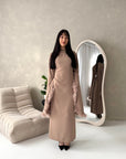Sonya Beige Extreme Flare Fur Sleeve Tie Back Dress