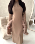 Sonya Beige Extreme Flare Fur Sleeve Tie Back Dress