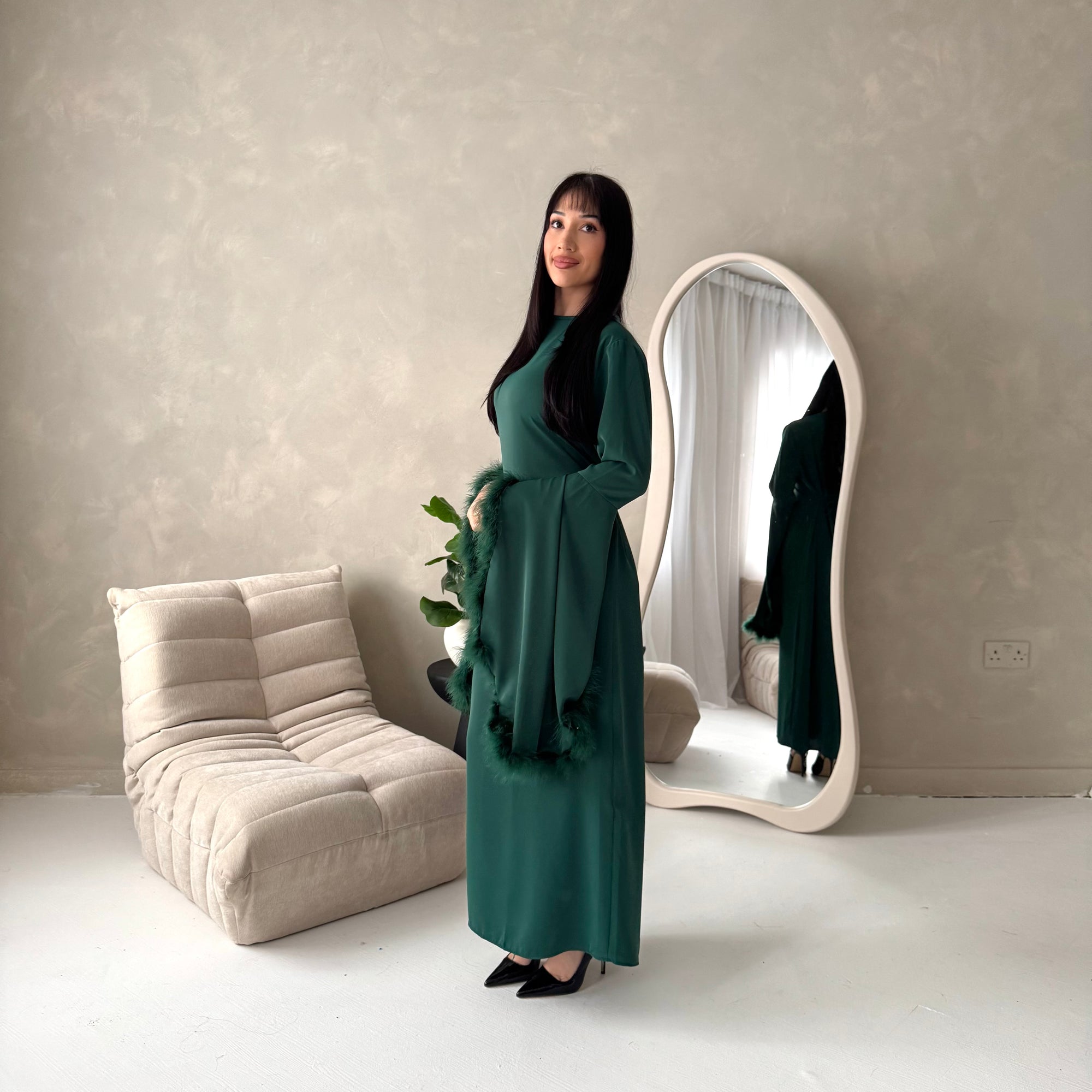 Sonya Emerald Green Extreme Flare Fur Sleeve Tie Back Dress House Of Haniya Sonya Emerald Green Extreme Flare Fur Sleeve Tie Back Dress House Of Haniya