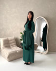 Sonya Emerald Green Extreme Flare Fur Sleeve Tie Back Dress