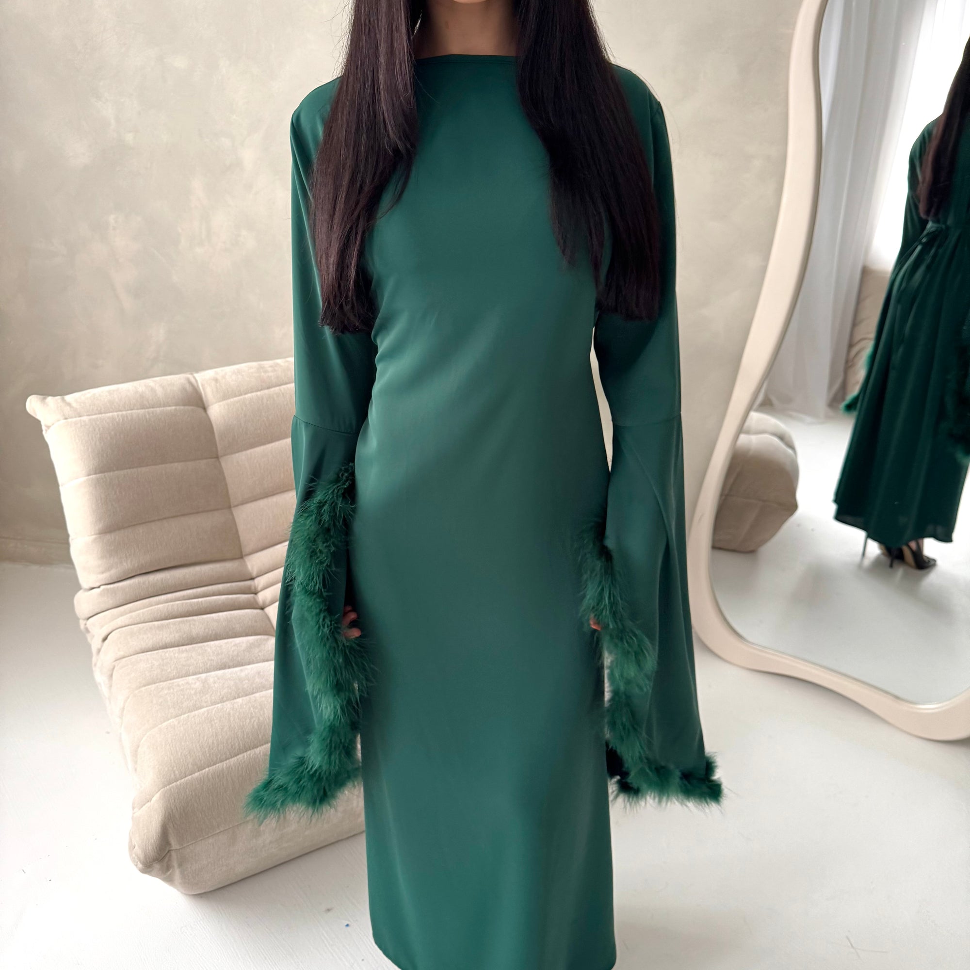 Sonya Emerald Green Extreme Flare Fur Sleeve Tie Back Dress House Of Haniya Sonya Emerald Green Extreme Flare Fur Sleeve Tie Back Dress House Of Haniya