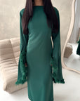 Sonya Emerald Green Extreme Flare Fur Sleeve Tie Back Dress