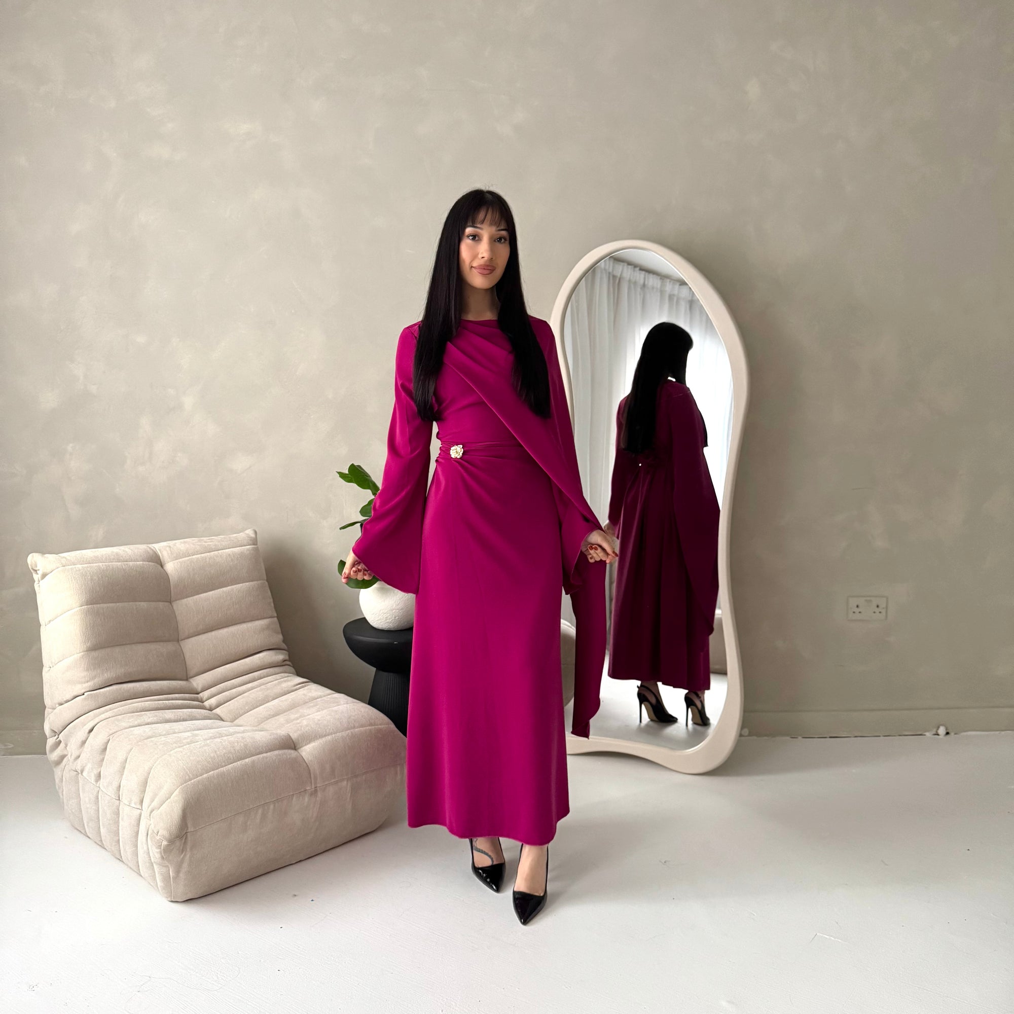 Nevin Magenta Gold Buckle One Side Drape Dress House Of Haniya Nevin Magenta Gold Buckle One Side Drape Dress House Of Haniya