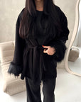 Shaynia Black Short Belted Extreme Fur Coat