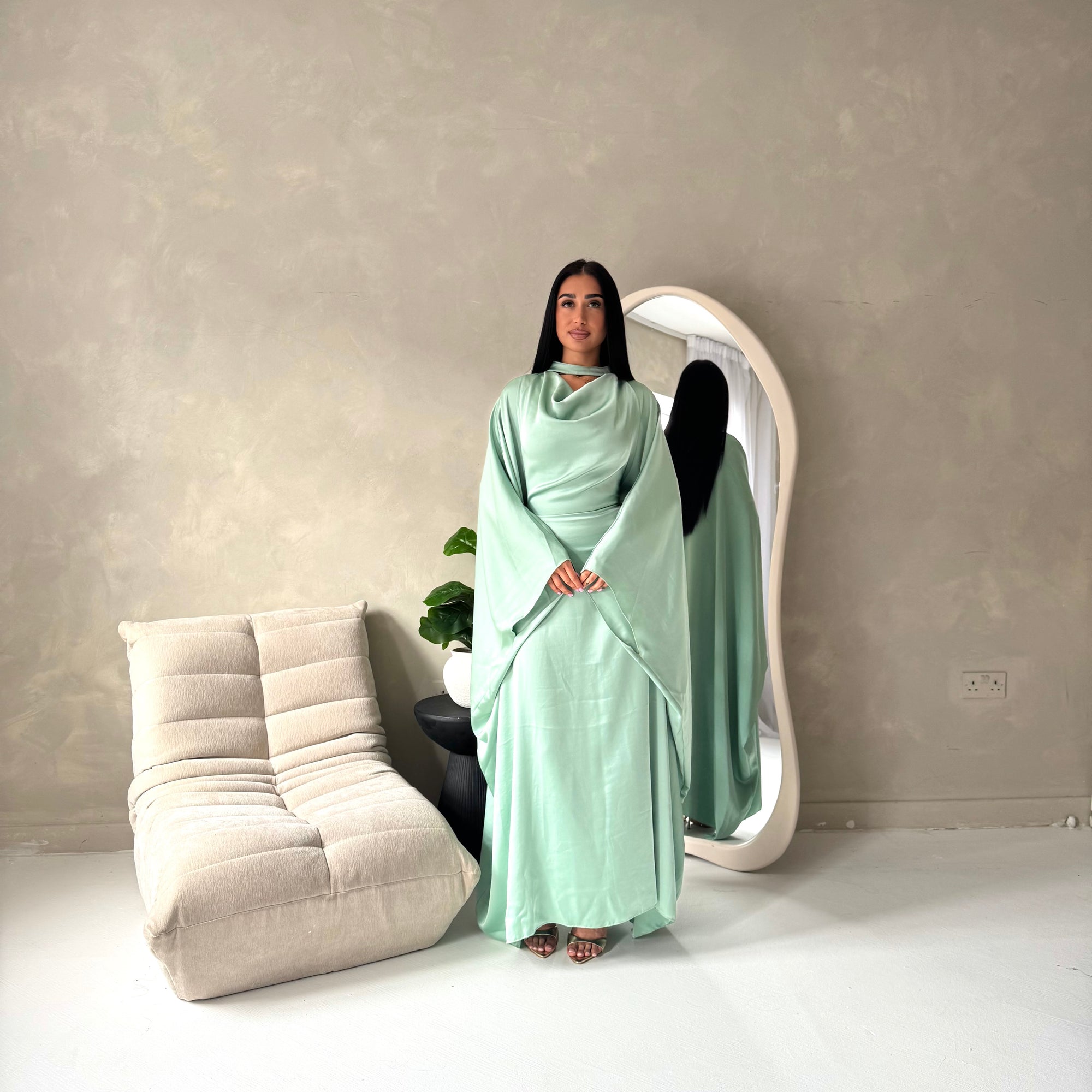 Vanity Mint Choker Cowl Neck Tie Back Kaftan Dress