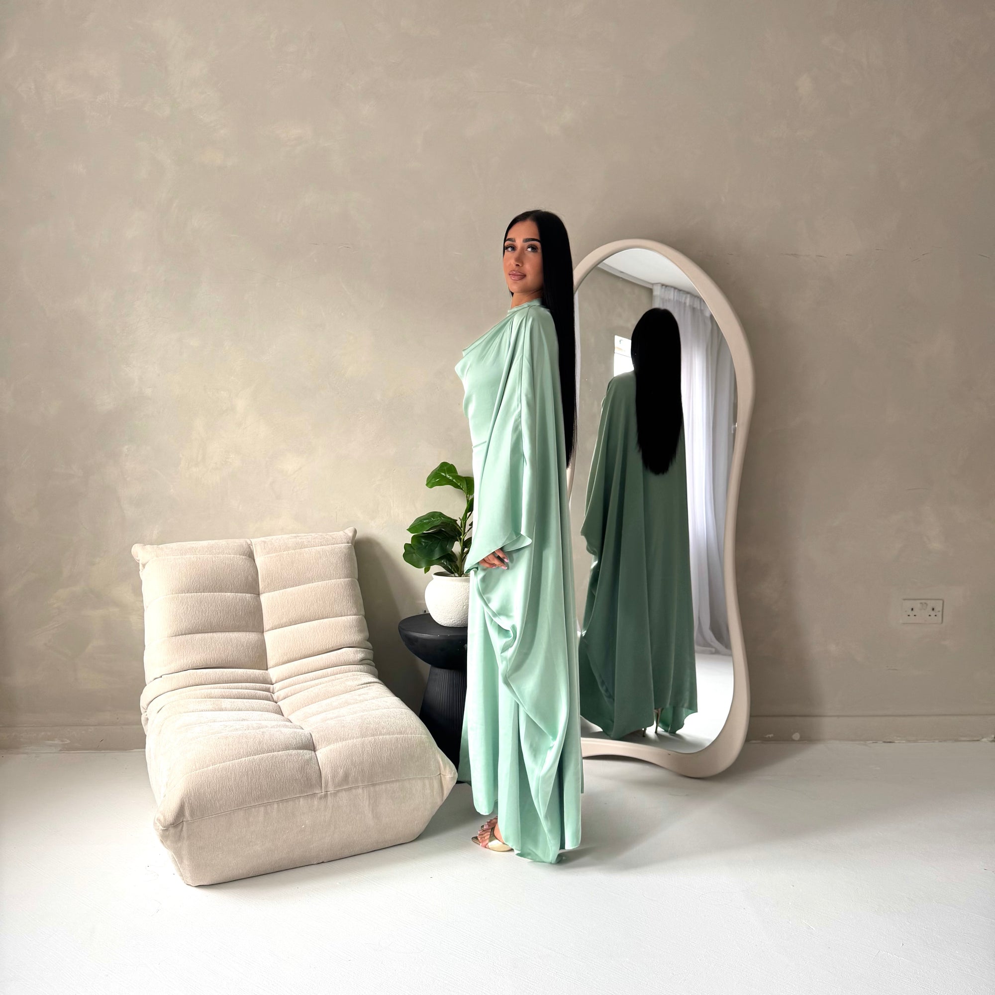 Vanity Mint Choker Cowl Neck Tie Back Kaftan Dress