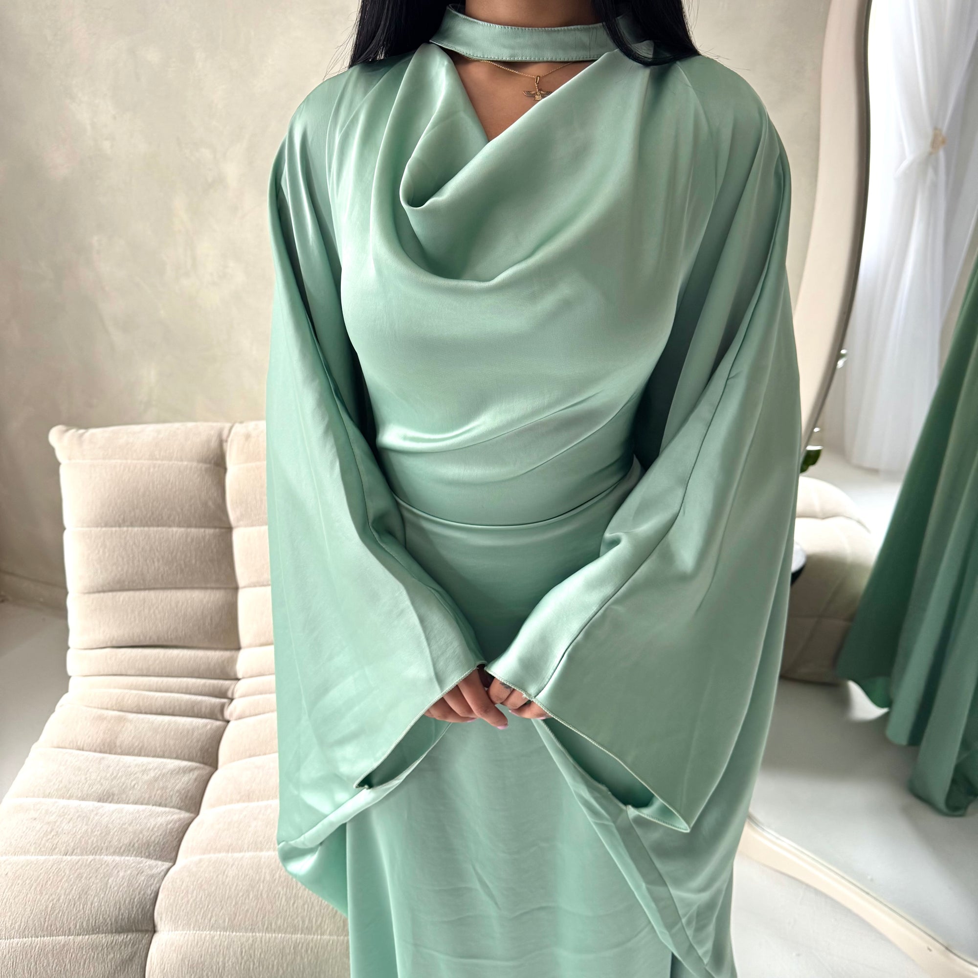 Vanity Mint Choker Cowl Neck Tie Back Kaftan Dress