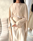 Fia Beige Lace Trim Detail Modest Tie Back Dress