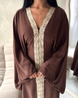 Mina Brown V Neck Gold Detail Trim Modest Kaftan Dress