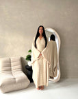 Mina Beige V Neck Gold Detail Trim Modest Kaftan Dress
