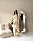 Mina Beige V Neck Gold Detail Trim Modest Kaftan Dress