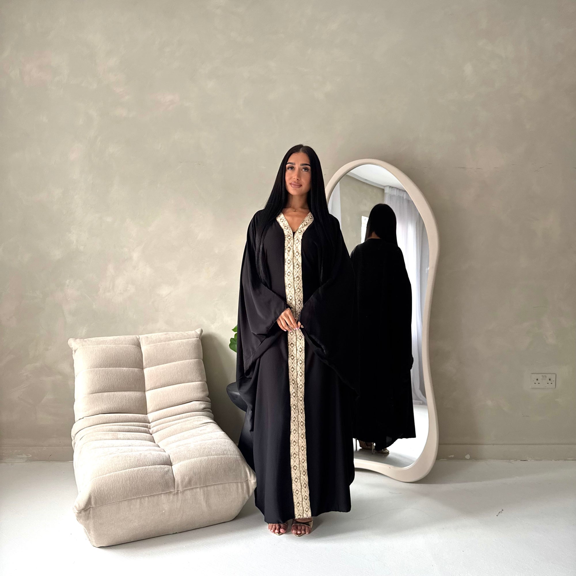 Mina Black V Neck Gold Detail Trim Modest Kaftan Dress