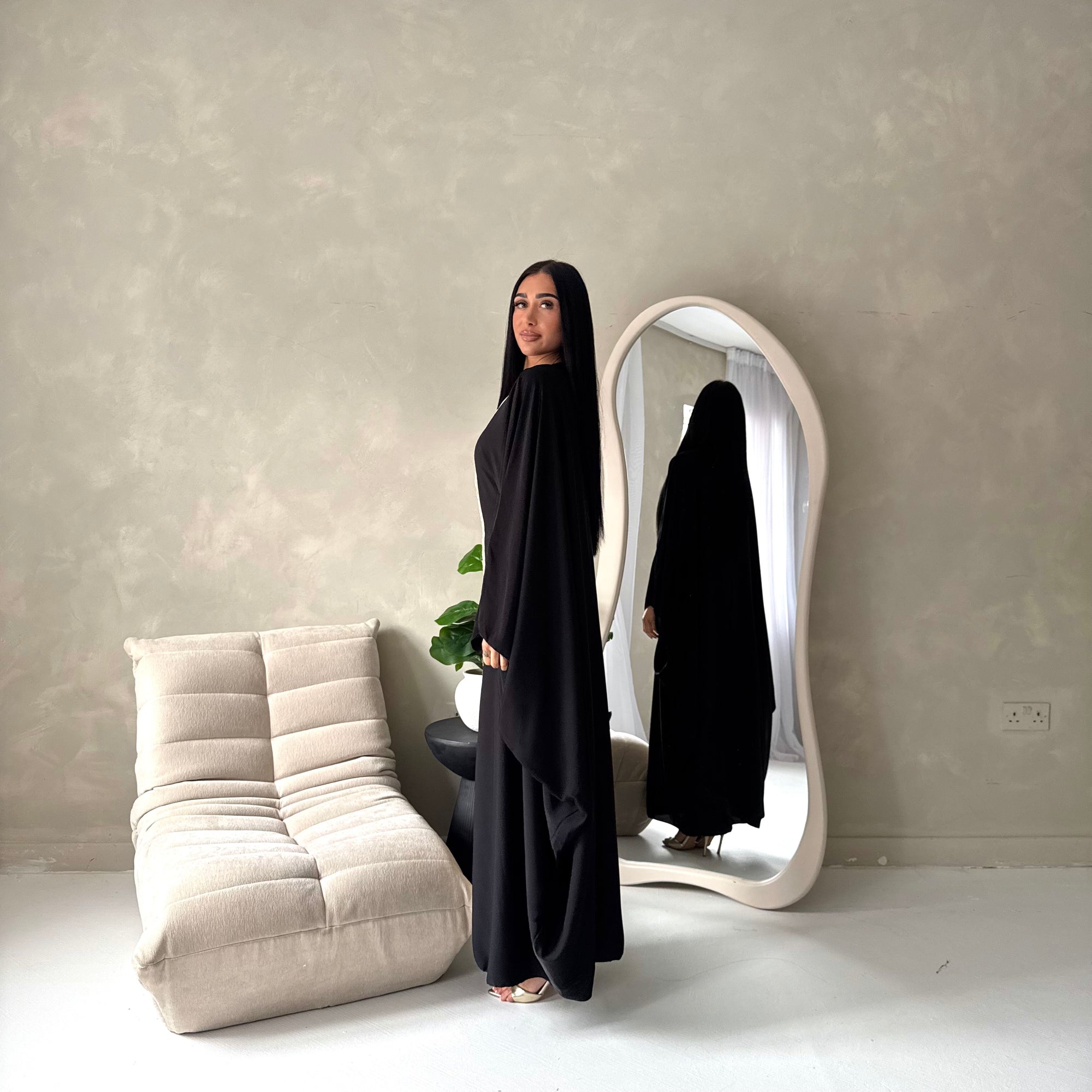 Mina Black V Neck Gold Detail Trim Modest Kaftan Dress