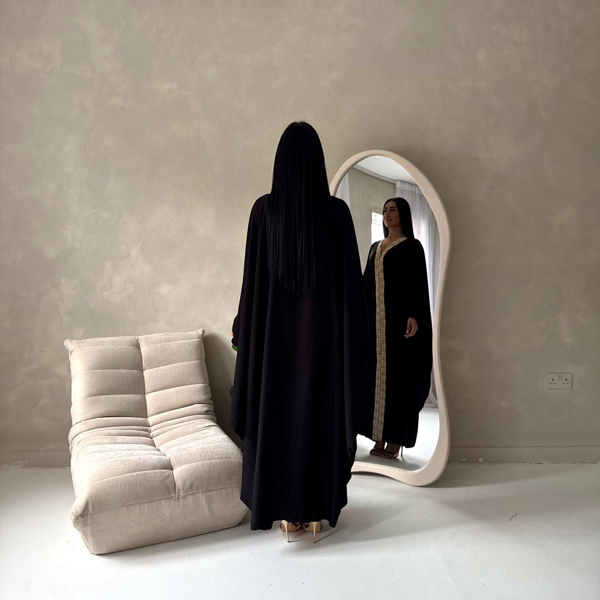 Mina Black V Neck Gold Detail Trim Modest Kaftan Dress