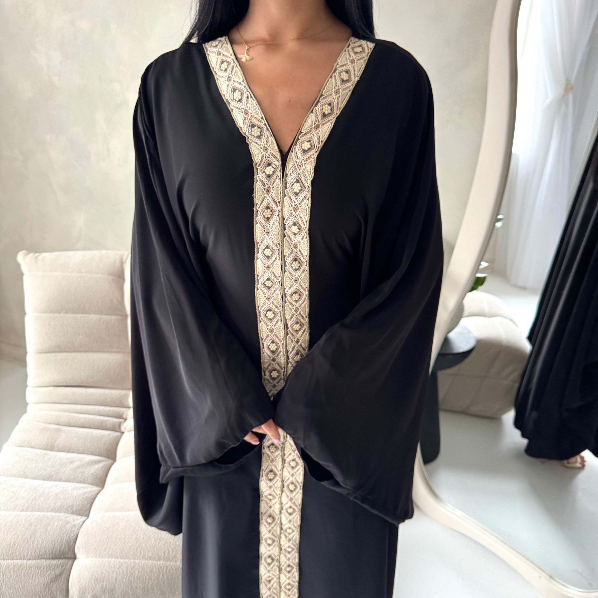 Mina Black V Neck Gold Detail Trim Modest Kaftan Dress