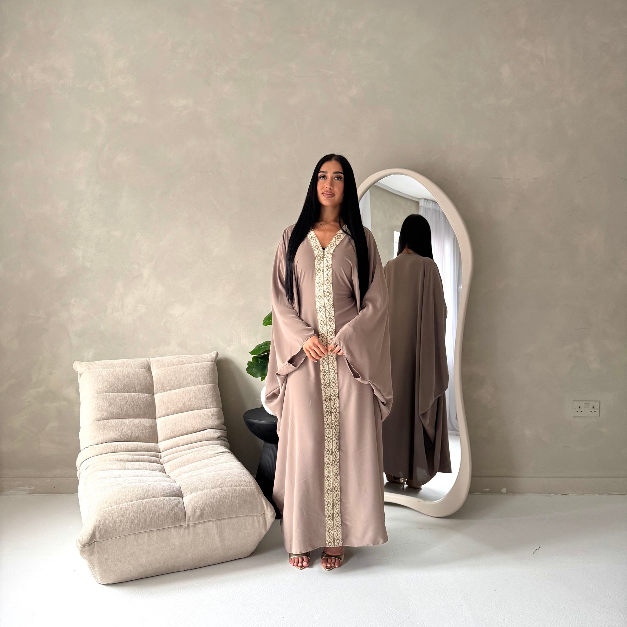 Mina Mocha V Neck Gold Detail Trim Modest Kaftan Dress