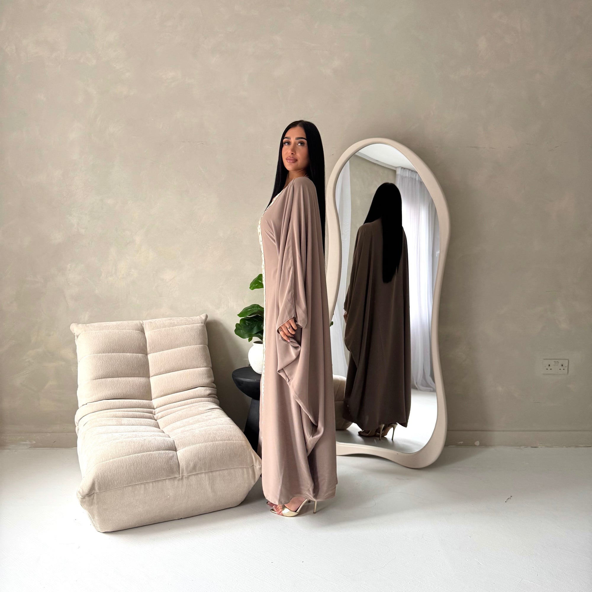 Mina Mocha V Neck Gold Detail Trim Modest Kaftan Dress