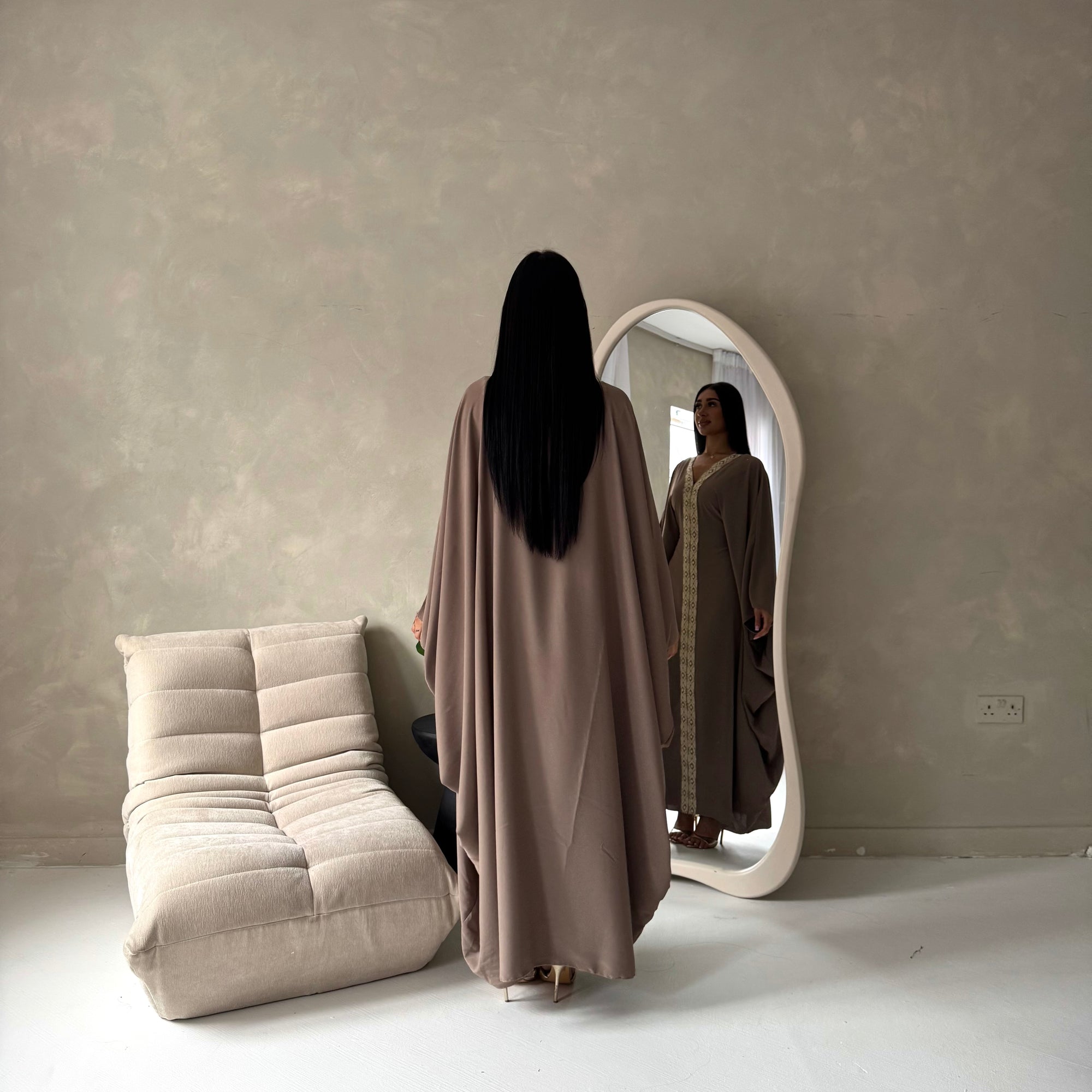 Mina Mocha V Neck Gold Detail Trim Modest Kaftan Dress