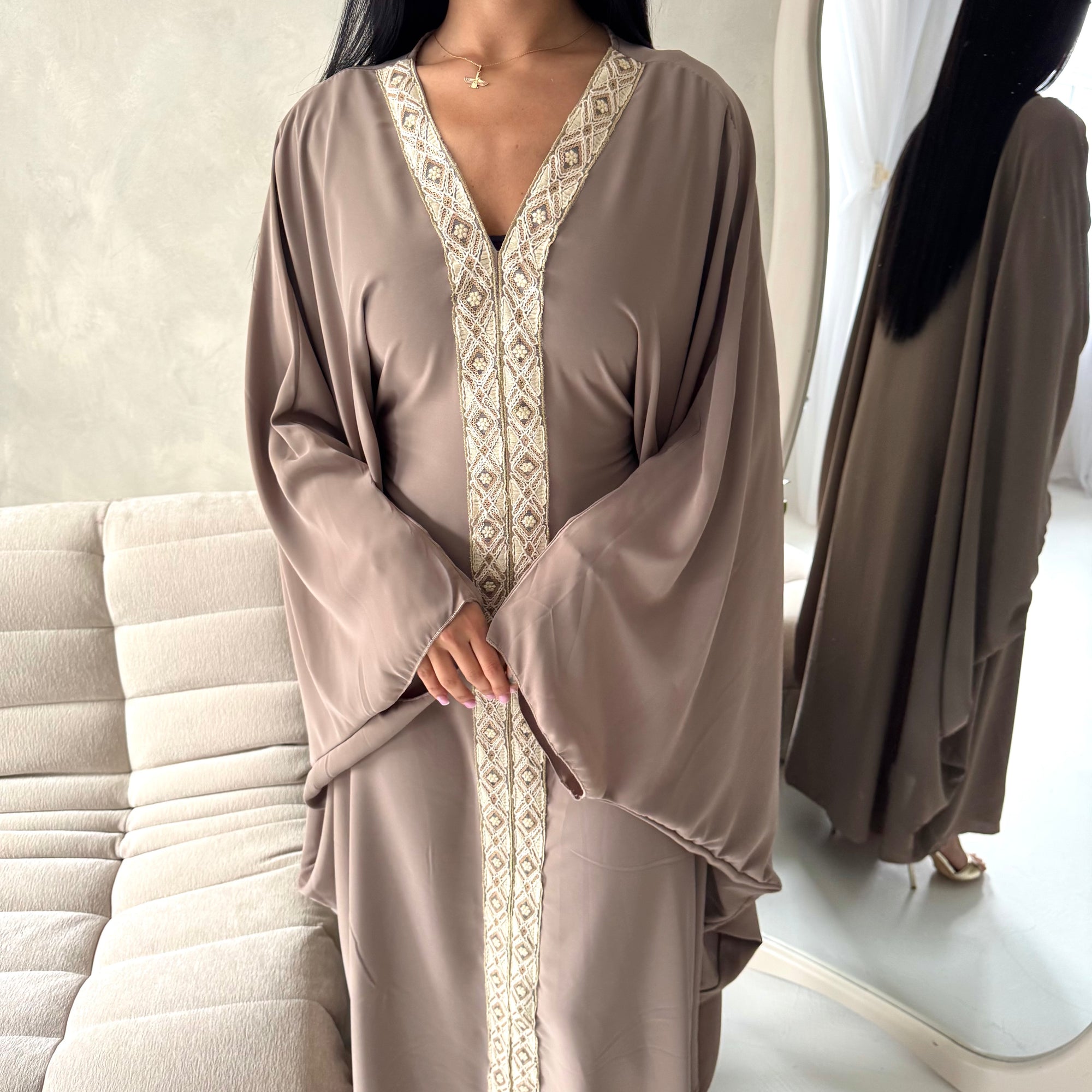 Mina Mocha V Neck Gold Detail Trim Modest Kaftan Dress