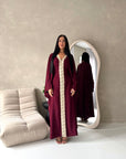 Mina Wine V Neck Gold Detail Trim Modest Kaftan Dress