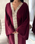 Mina Wine V Neck Gold Detail Trim Modest Kaftan Dress