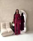 Hadia Wine Front Gather Top & Trouser Co Ord Set