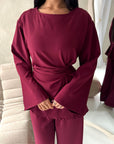 Hadia Wine Front Gather Top & Trouser Co Ord Set
