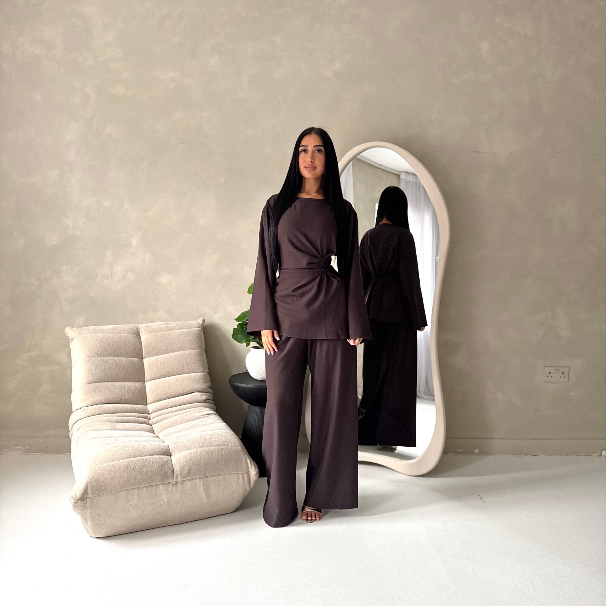 Hadia Brown Front Gather Top &amp; Trouser Co Ord Set