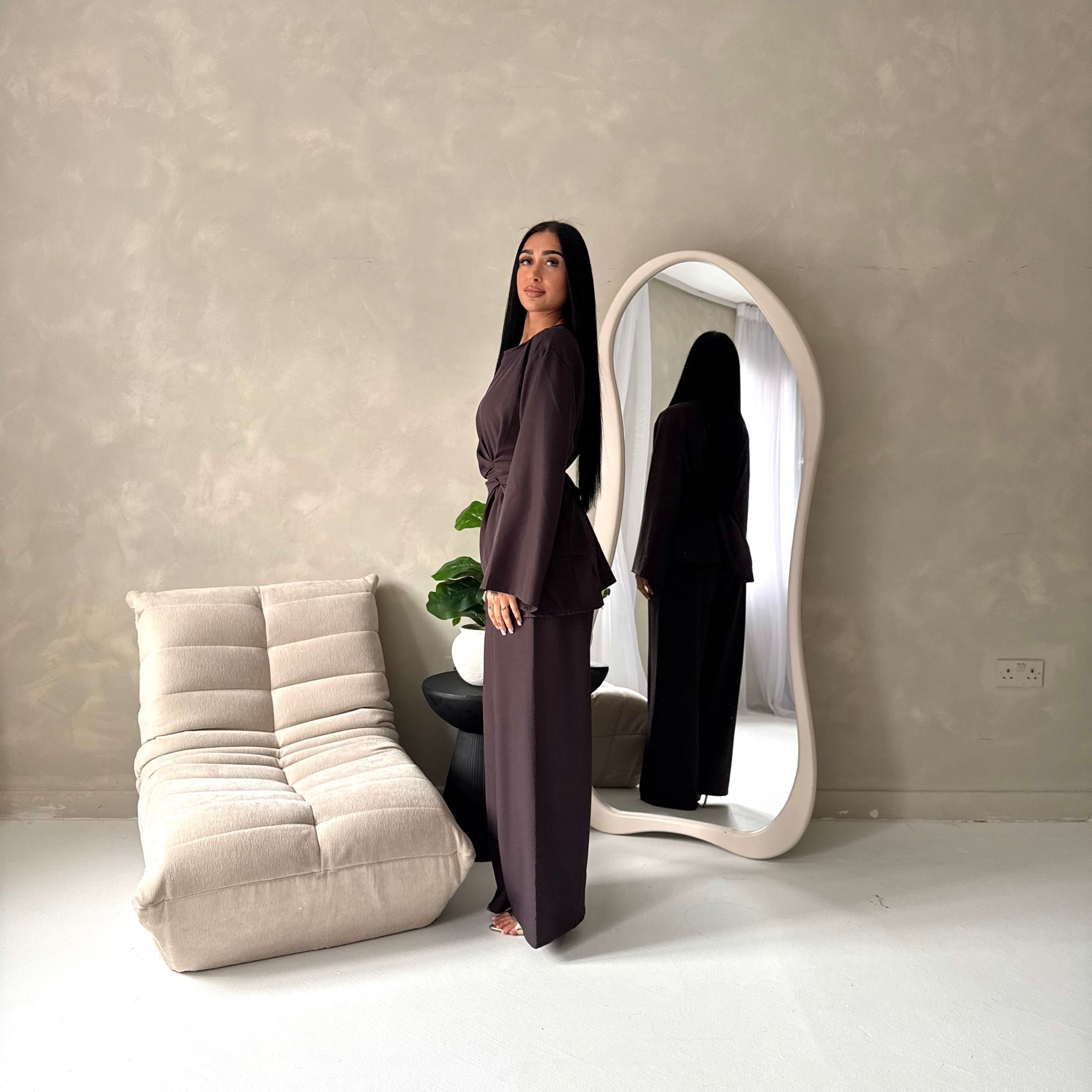 Hadia Brown Front Gather Top &amp; Trouser Co Ord Set