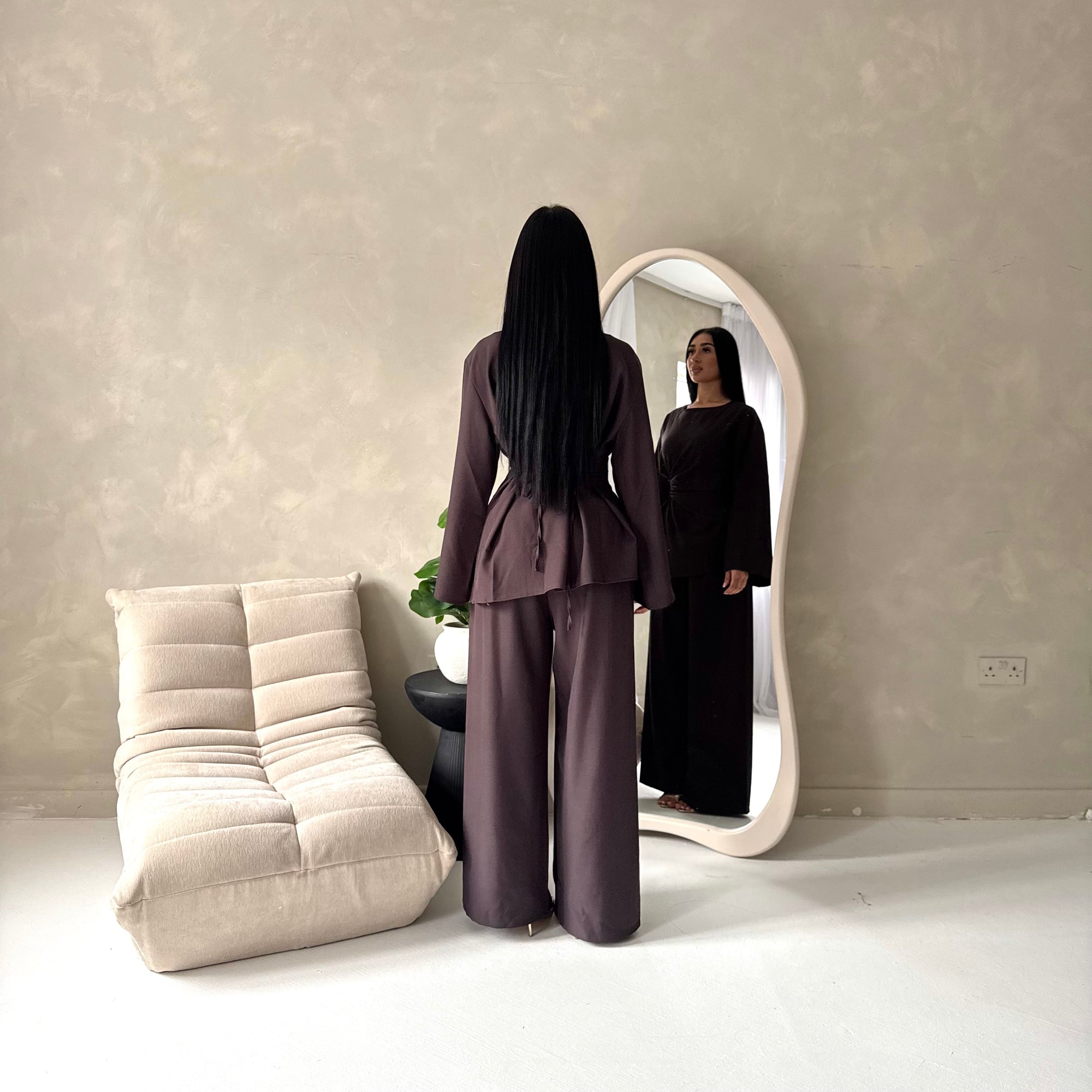 Hadia Brown Front Gather Top &amp; Trouser Co Ord Set