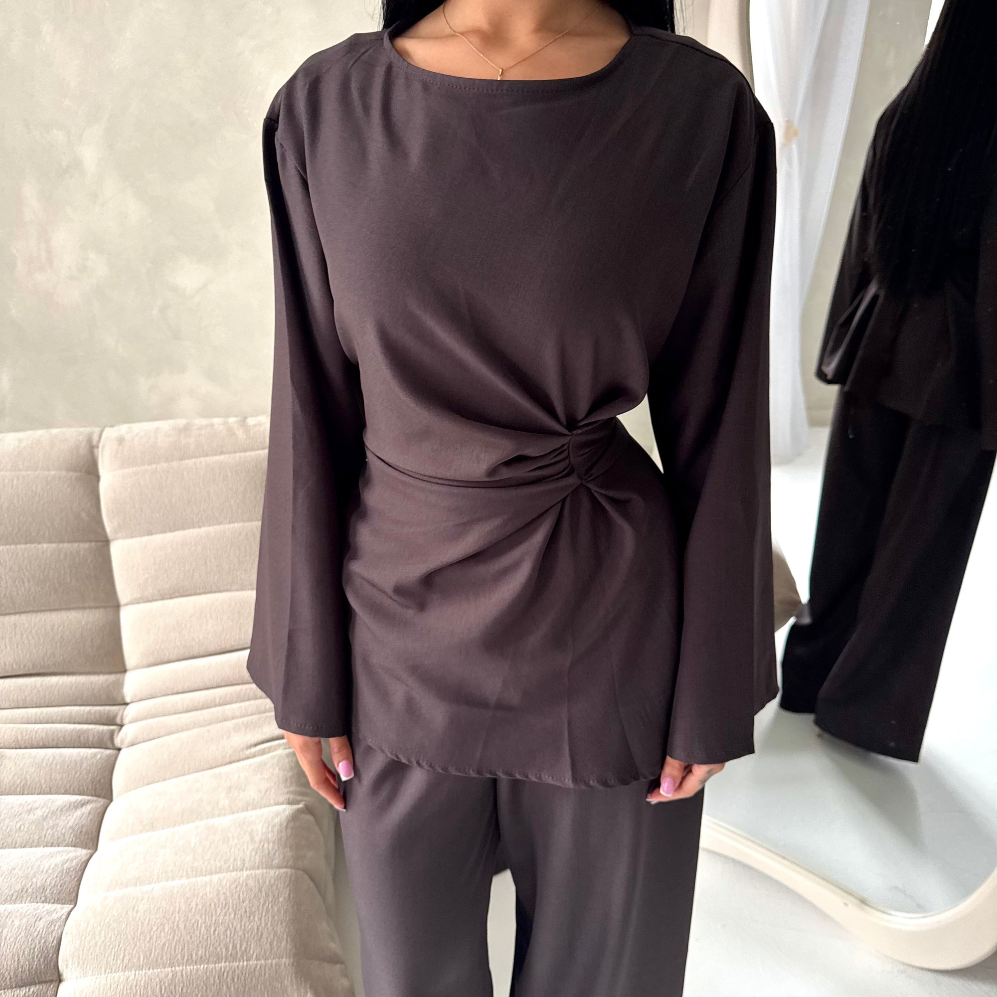 Hadia Brown Front Gather Top &amp; Trouser Co Ord Set