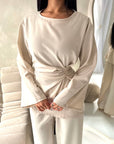 Hadia Beige Front Gather Top & Trouser Co Ord Set