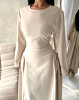 Marnia Beige A Line Tie Back Side Gather Dress