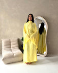 Madiha Yellow Leaf Print Contrast Kaftan Dress