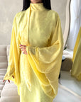 Madiha Yellow Leaf Print Contrast Kaftan Dress